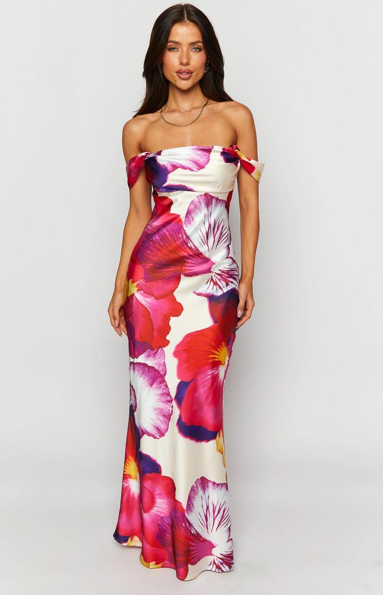 Ella Pink Floral Print Off Shoulder Formal Dress Product Image