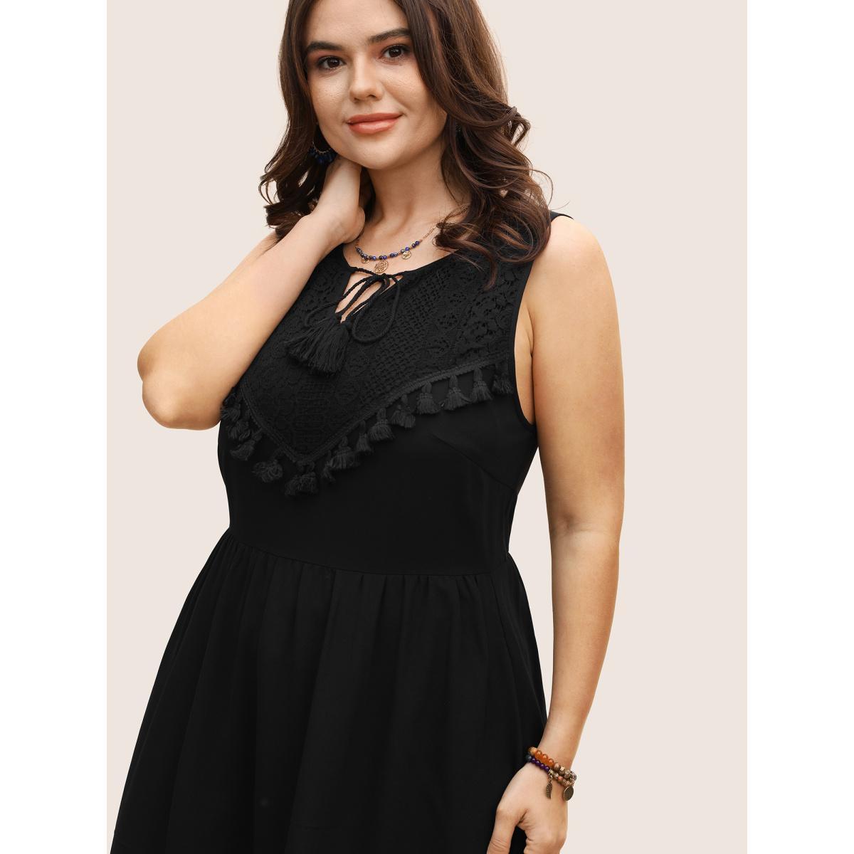 Plus Size Lace Panel Tassel Trim Mesh Tank Dress Black Women Resort Woven ribbon&lace trim Flat collar with V-notch Sleeveless Curvy BloomChic 10/M Product Image