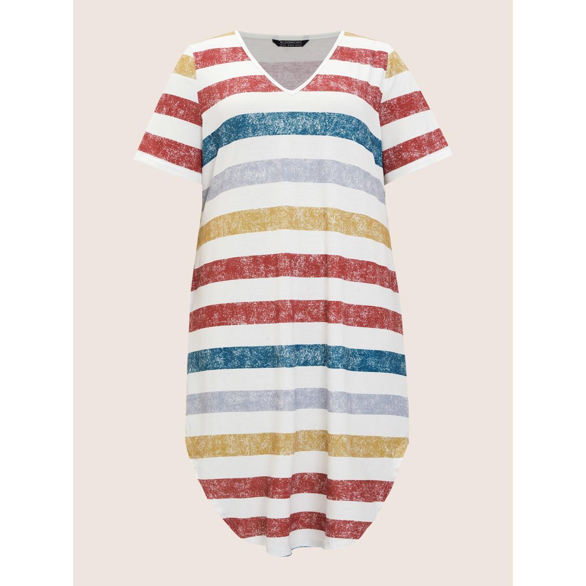 Plus Size Striped Contrast Arc Hem V Neck Pocket Dress Multicolor Women Casual Non V-neck Short sleeve Curvy Midi Dress BloomChic 14-16/1X Product Image