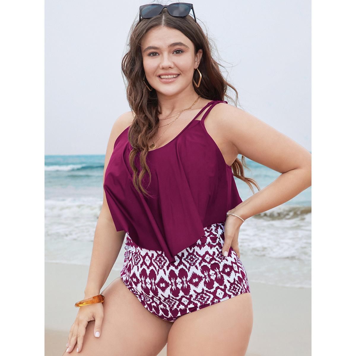 Plus Size Geometric Patchwork Ruffle Trim One Piece Swimsuit Women's Swimwear RedViolet Vacation Adjustable Straps Curve Bathing Suits High stretch One Pieces BloomChic 28/5X Product Image