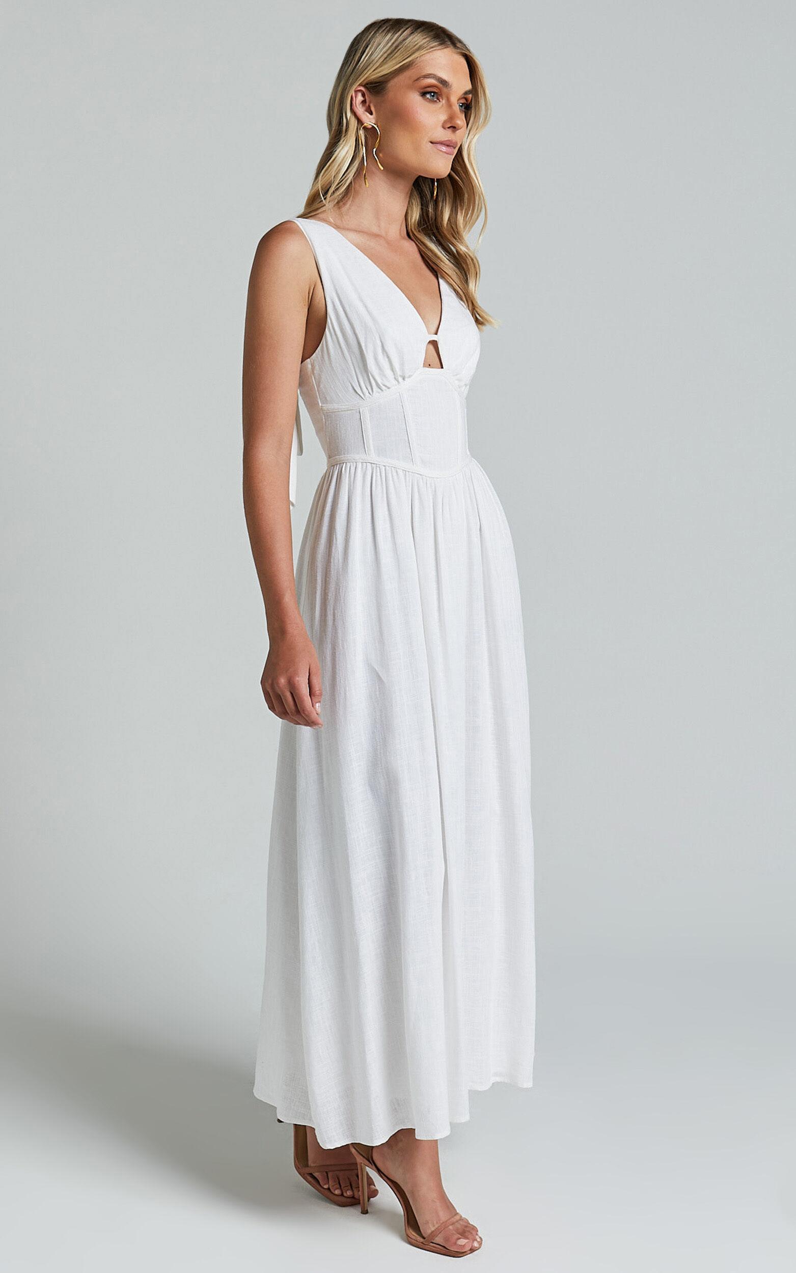 Amalie The Label - Chamika Linen Blend Bustier Double Tie Back Midi Dress in White Product Image