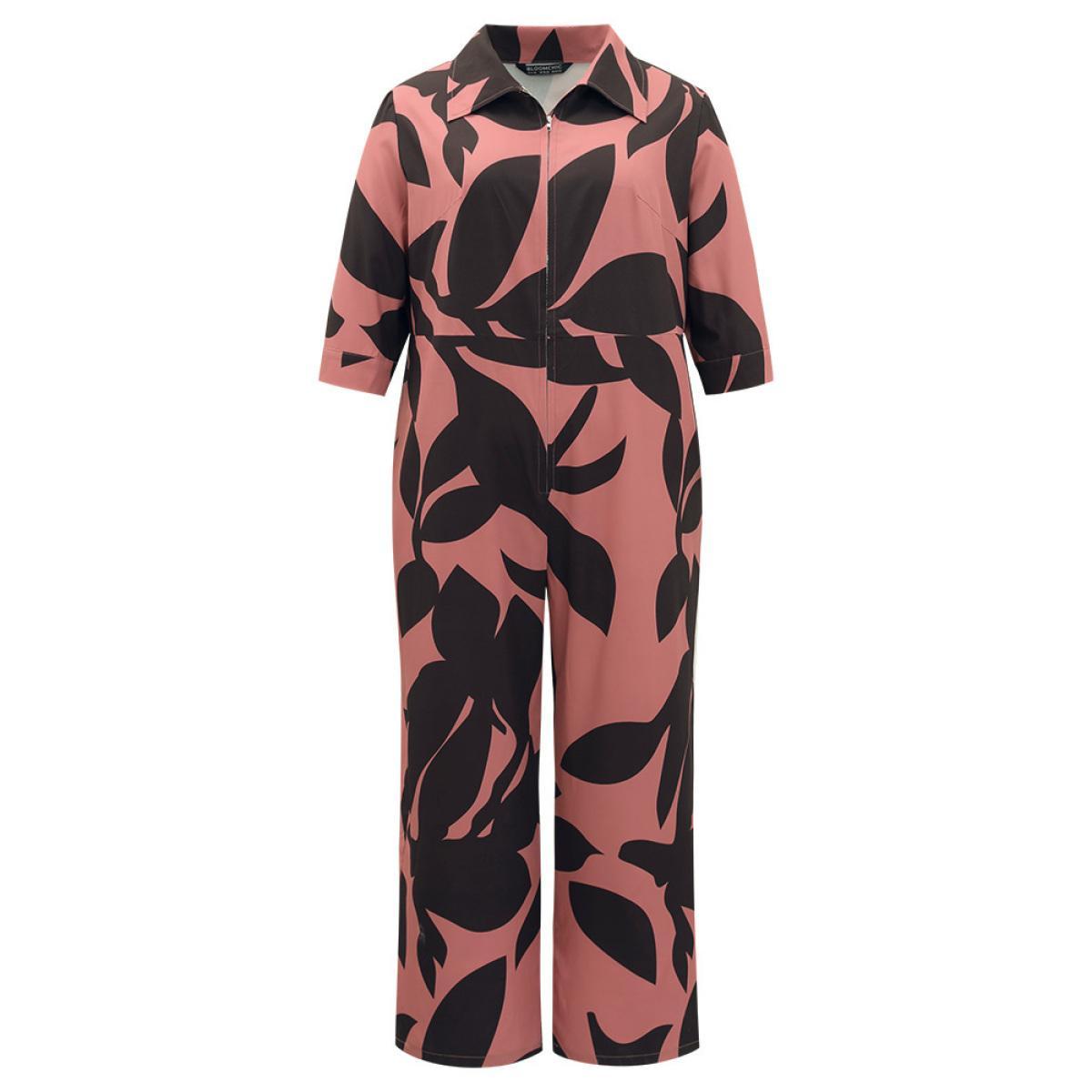 Plus Size DustyPink Silhouette Floral Print Zipper Belted Jumpsuit Women Elegant Elbow-length sleeve Shirt collar Everyday Loose Jumpsuits BloomChic 26/4X Product Image