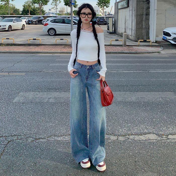 High Rise Washed Wide Leg Jeans (Various Designs) Product Image