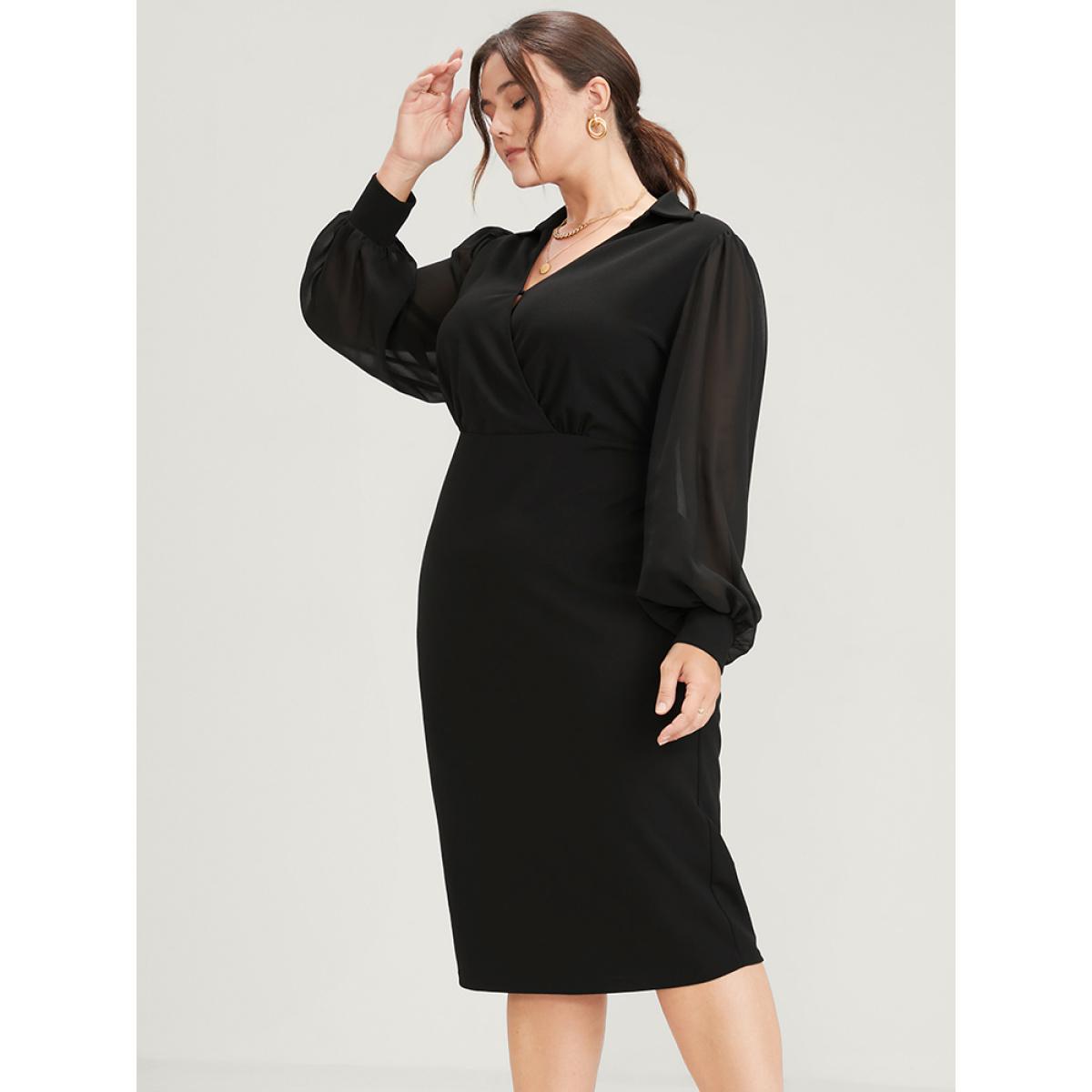 Plus Size Solid Mesh Lantern Sleeve Button Wrap Knee Dress Black Women Office Patchwork Lapel Collar Long Sleeve Curvy Knee Dress BloomChic 26/4X Product Image