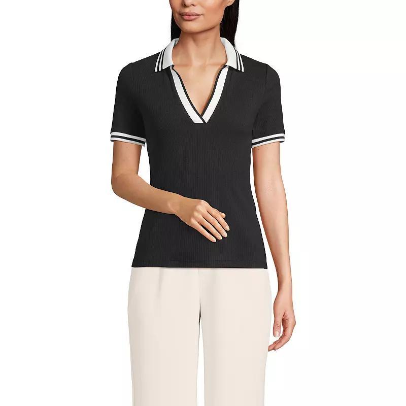Petite Lands' End Short Sleeve Polished Rib Polo, Women's, Size: XS Petite, Ivory Vibrant Green Product Image