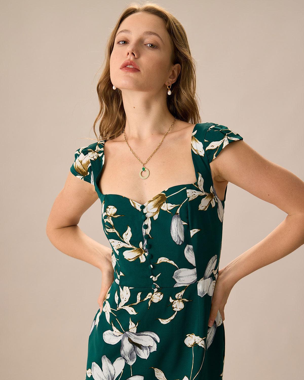 The Green Sweetheart Neck Cap Sleeve Floral Midi Dress Product Image