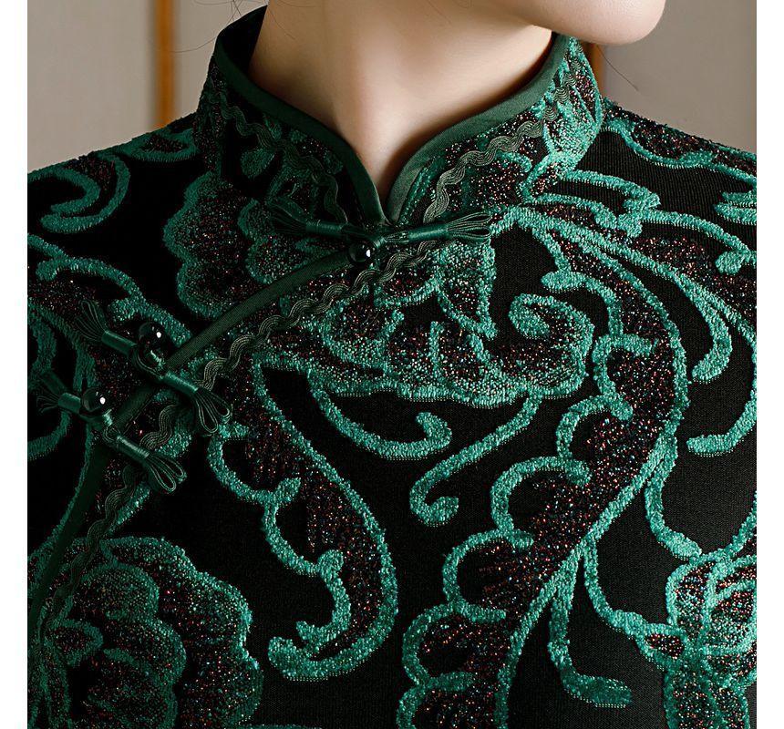 Elbow-Sleeve Glitter Panel Midi Qipao Product Image