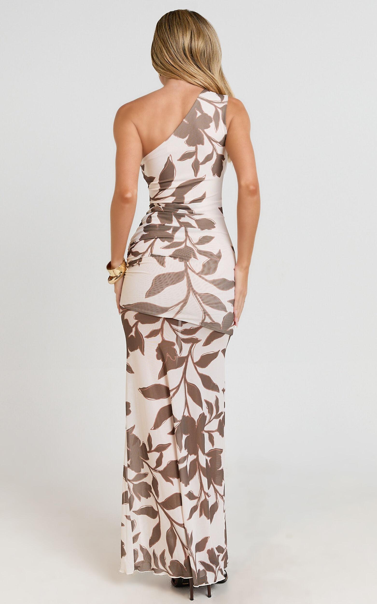 Schiffer Maxi Dress - One Shoulder Ruched Bodycon Dress in Neutral Floral Print Product Image