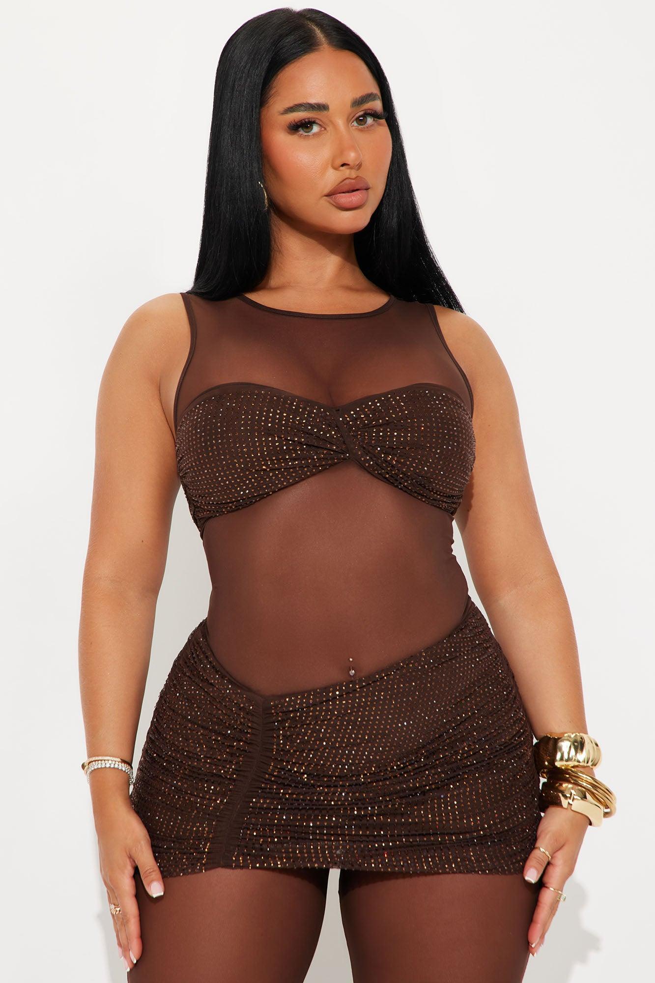 Diamond Diva Embellished Mesh Jumpsuit - Brown Product Image