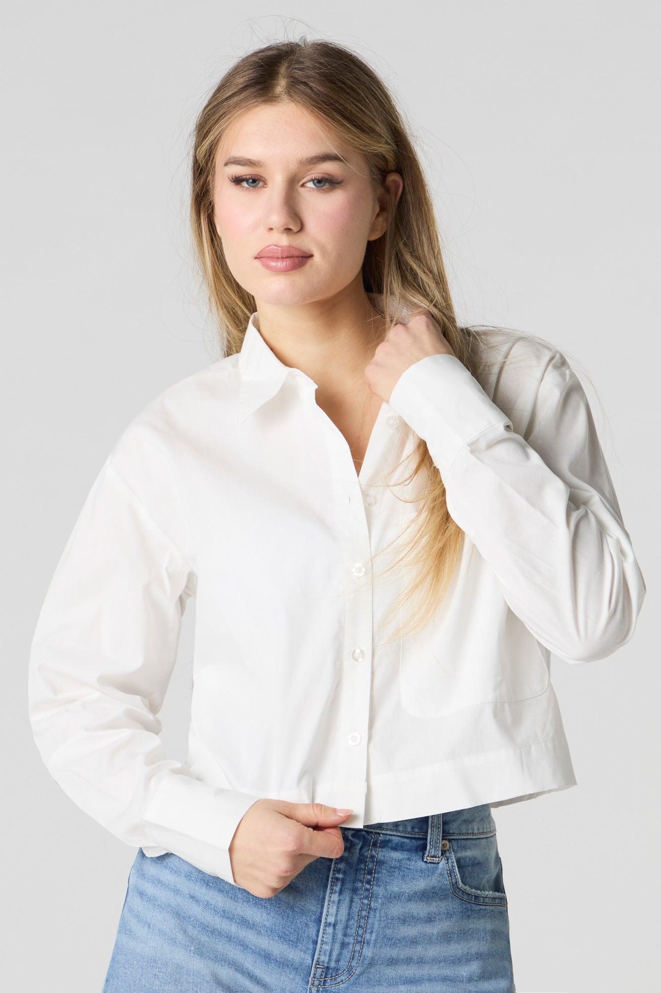 Poplin Cropped Button-Up Long Sleeve Top Female Product Image