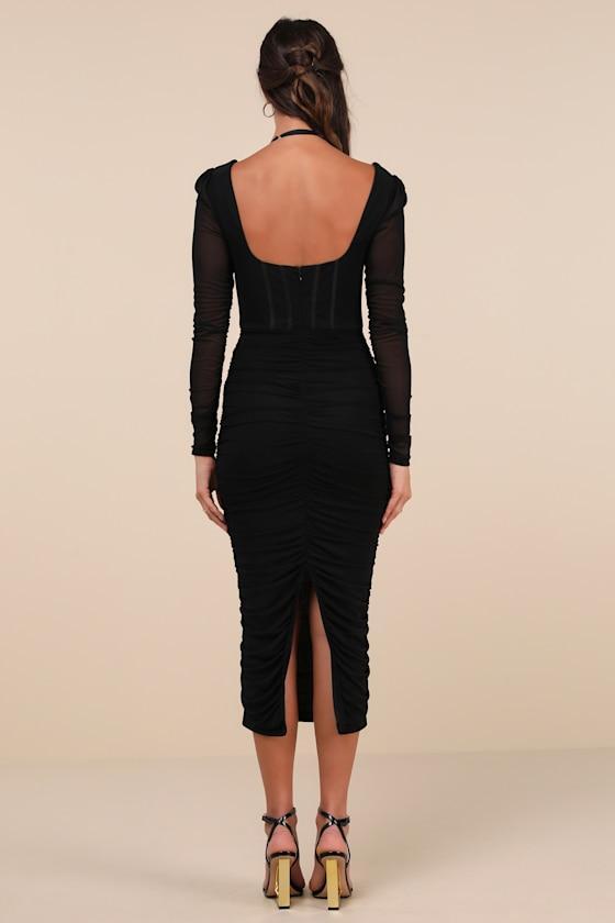 Dramatic Demure Black Mesh Halter Bustier Midi Dress Product Image