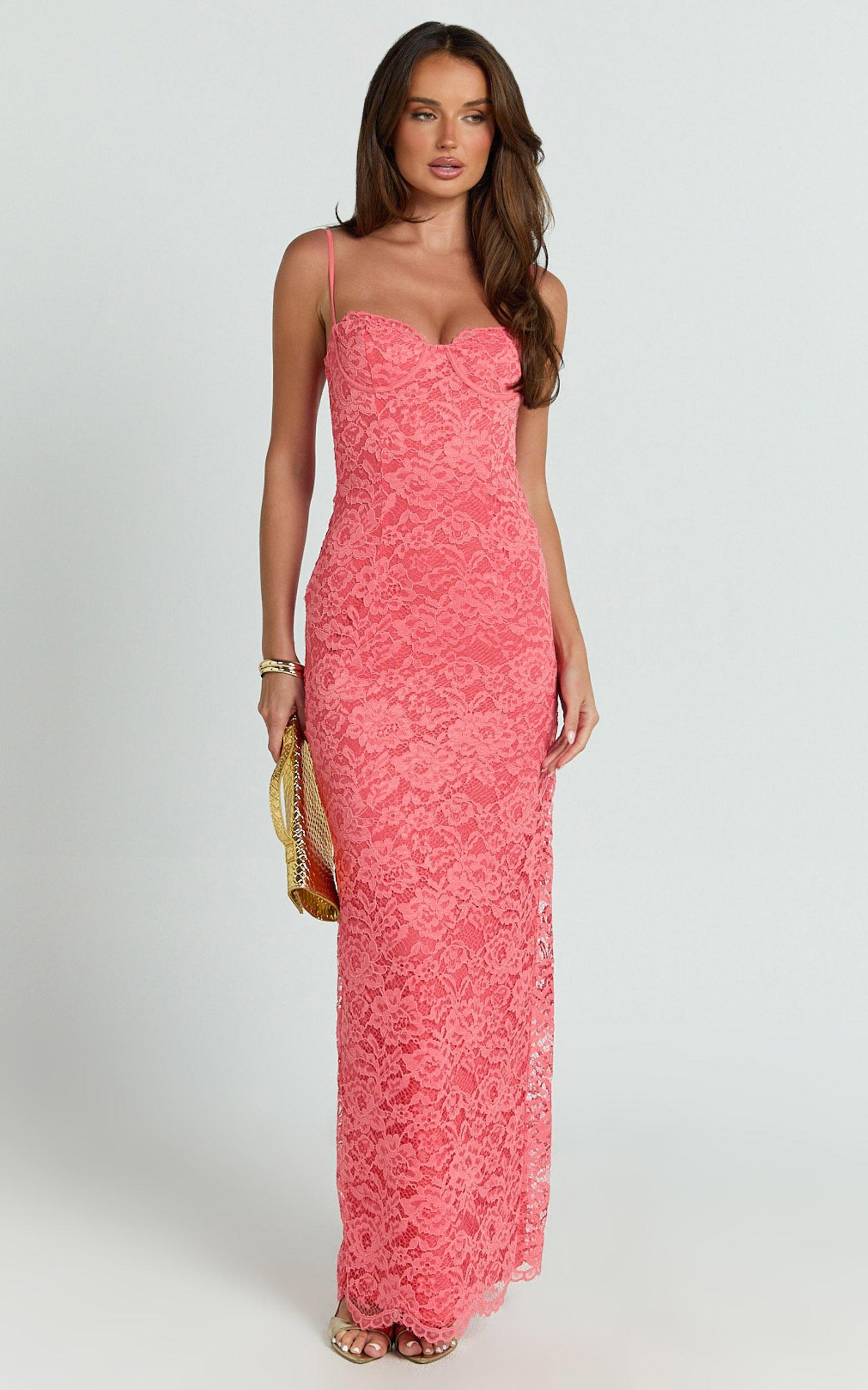 Carli Maxi Dress - Adjustable Strap Corset Bodycon Lace Dress in Watermelon Product Image
