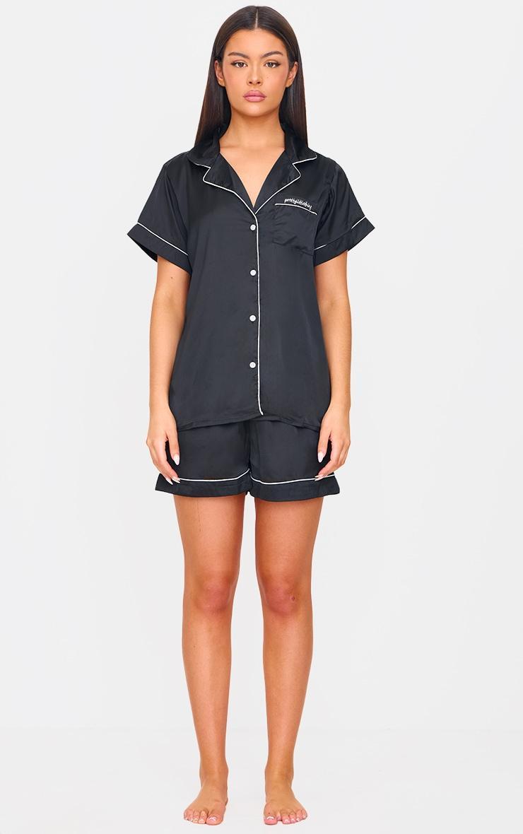 Black Satin Contrast Piping Short Pj Set Product Image