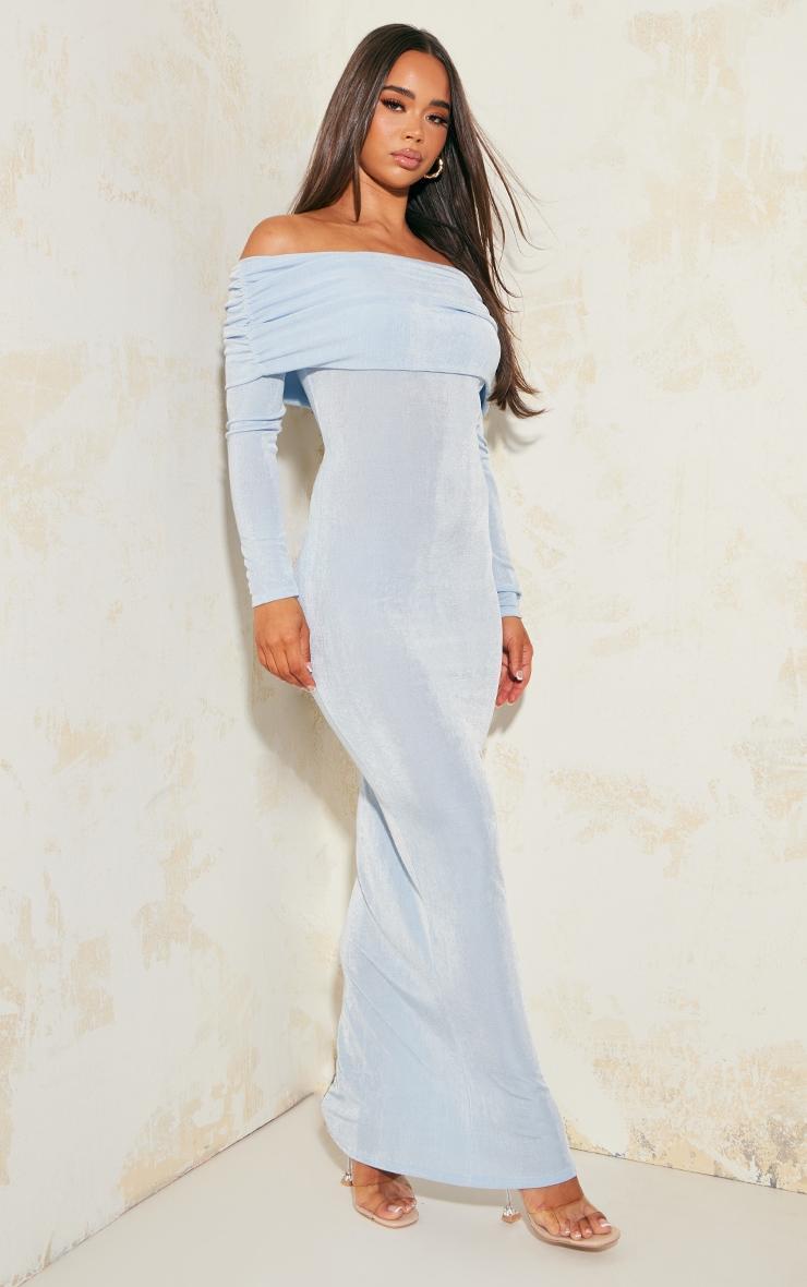Light Blue Acetate Slinky Bardot Long Sleeve Maxi Dress Product Image