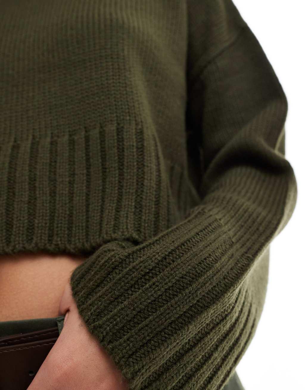 ASOS DESIGN cropped roll neck sweater in khaki Product Image