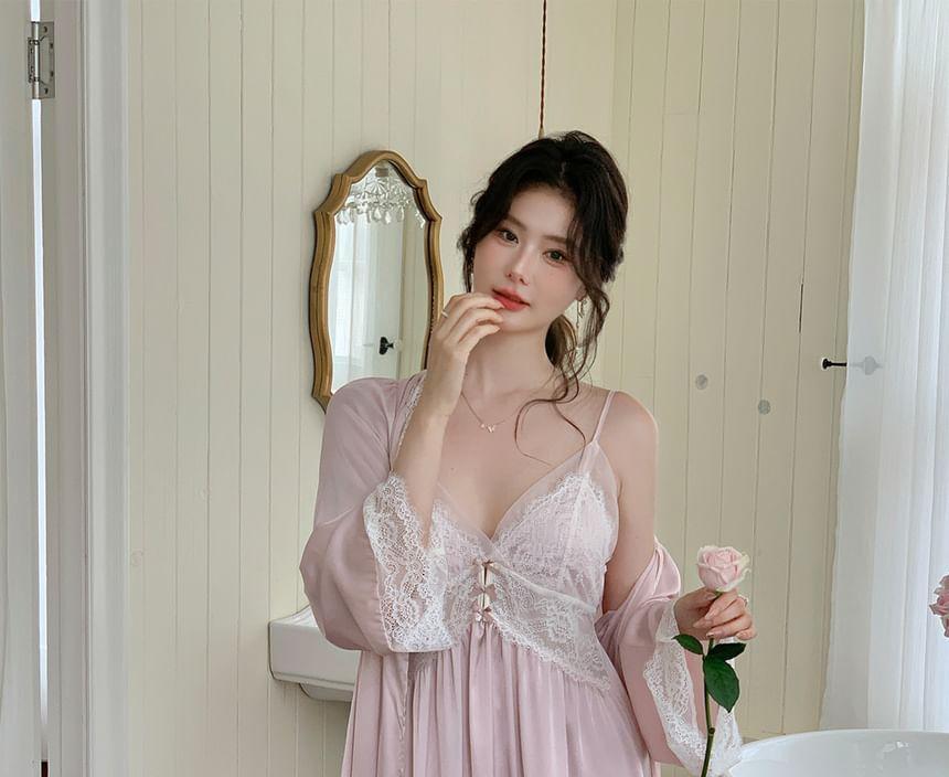 Pajama Set: Plain Lace Trim Robe + Spaghetti Strap Night Dress Product Image