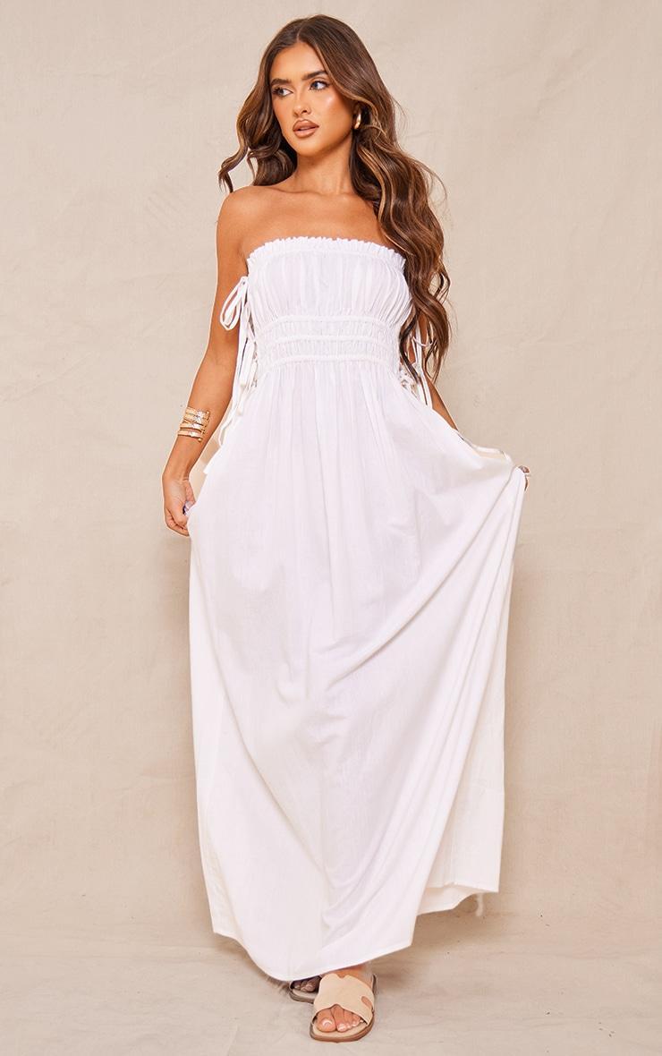 White Linen Look Elasticated Tie Bow Maxi Dress Product Image