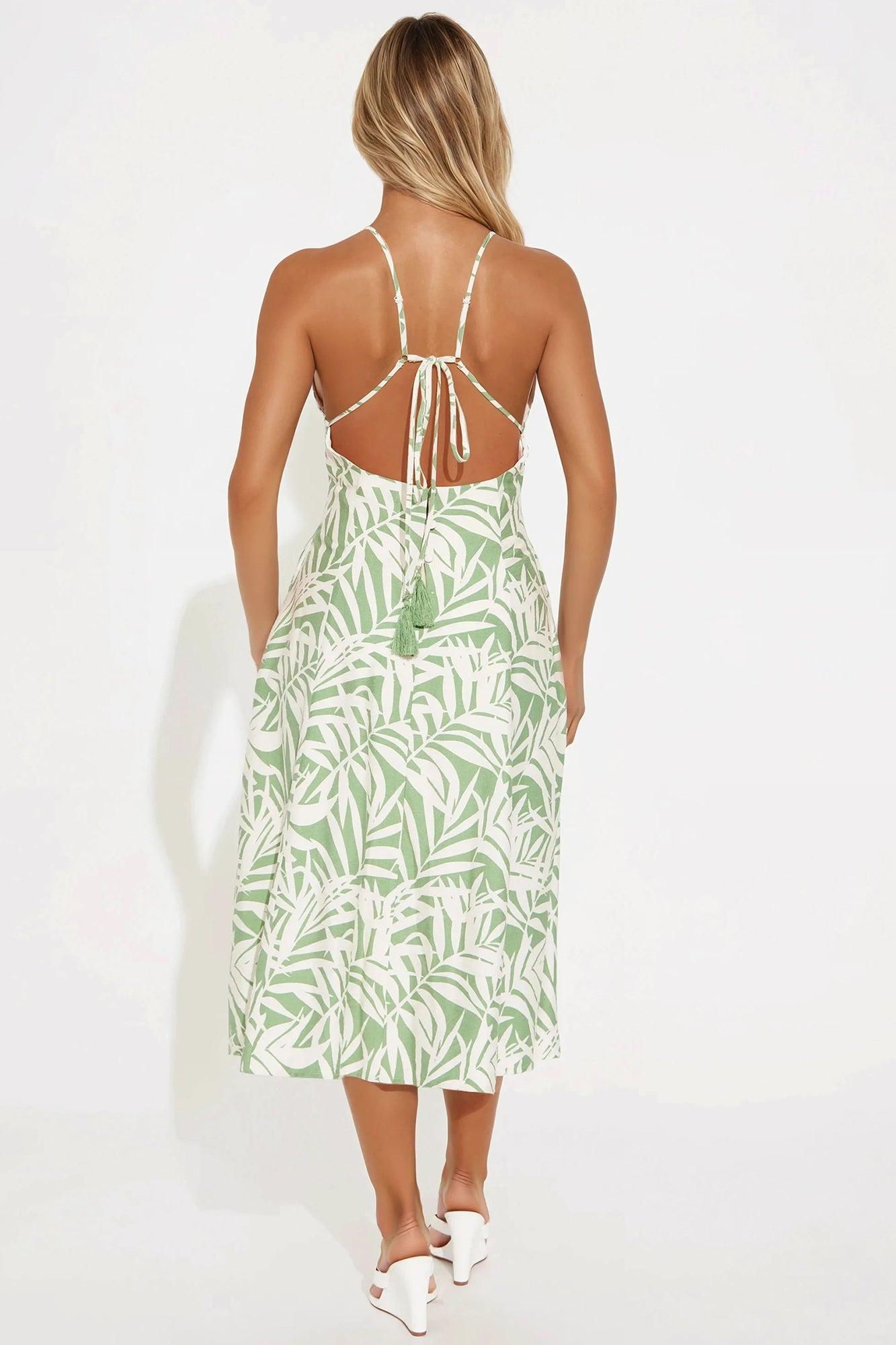Tropical Feeling Linen Midi Dress - Sage/combo Product Image