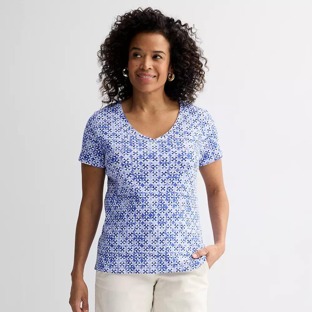 Women's Croft & Barrow® Essential V-Neck Tee, Size: Medium, Blue Tropical Palm Product Image