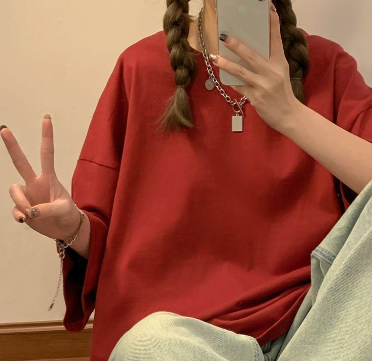 Elbow Sleeve Oversized Plain T-Shirt Product Image