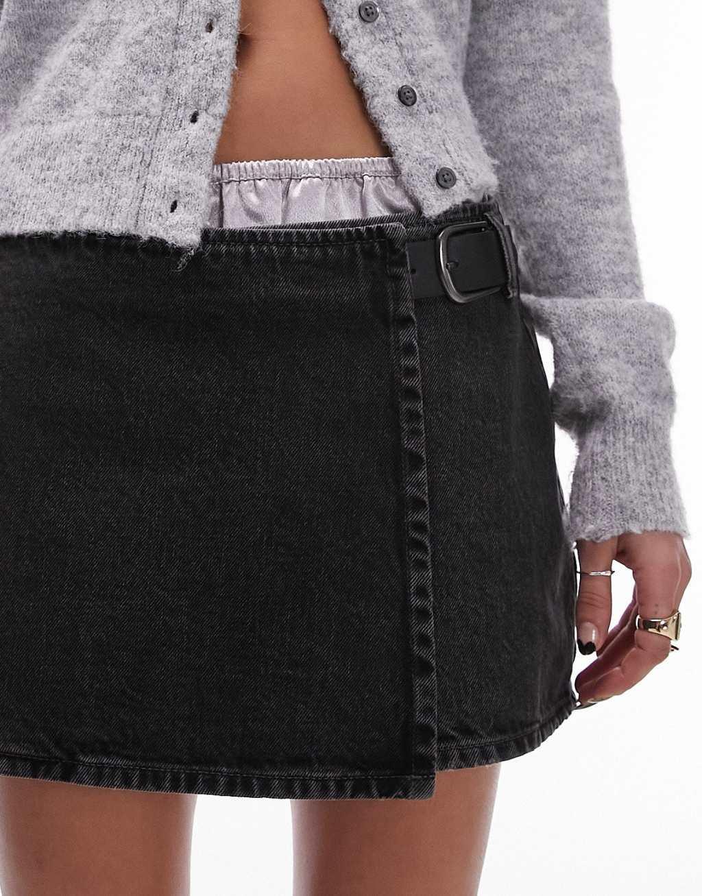 Topshop denim mini wrap skirt with buckle in washed black Product Image