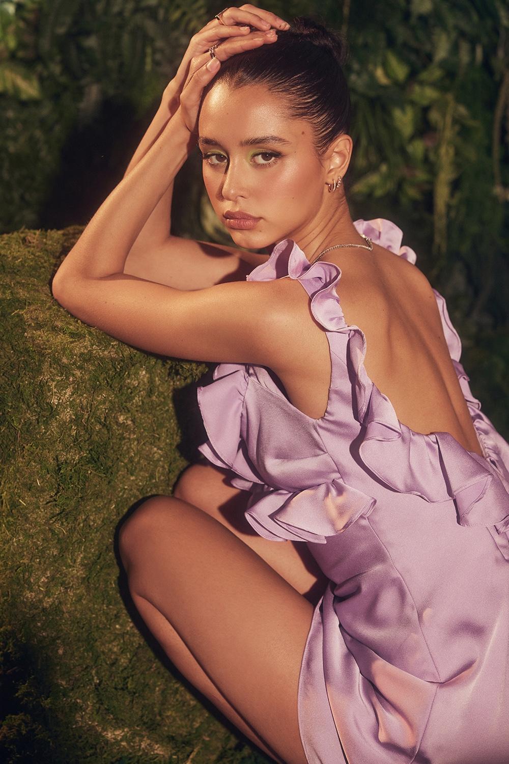 Tink  orchid satin ruffle mini dress Product Image