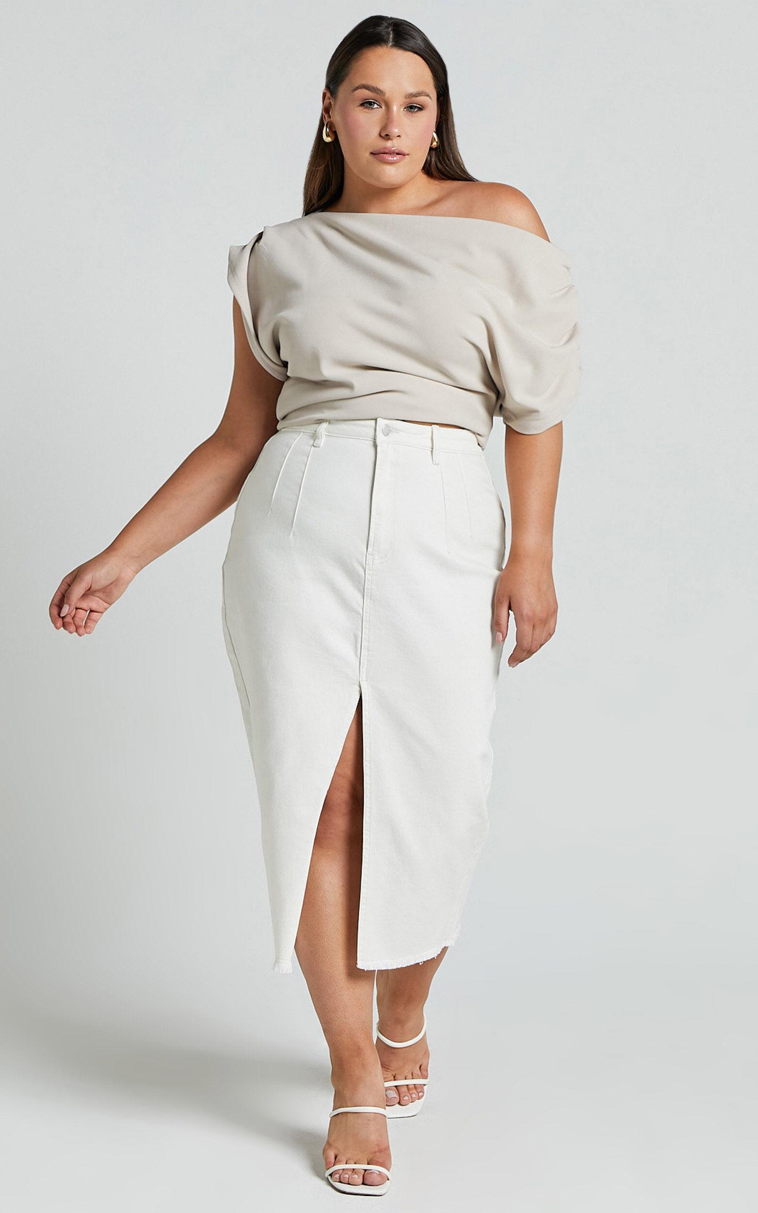 Janeve Midi Skirt - Front Split Denim Skirt in Ecru Product Image