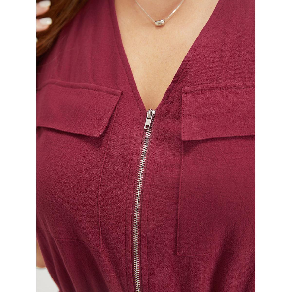 Plus Size Scarlet Plain V Neck Pocket Zipper Drawstring Sleeveless Jumpsuit Women Elegant Sleeveless V-neck Dailywear Loose Jumpsuits BloomChic 26/4X Product Image