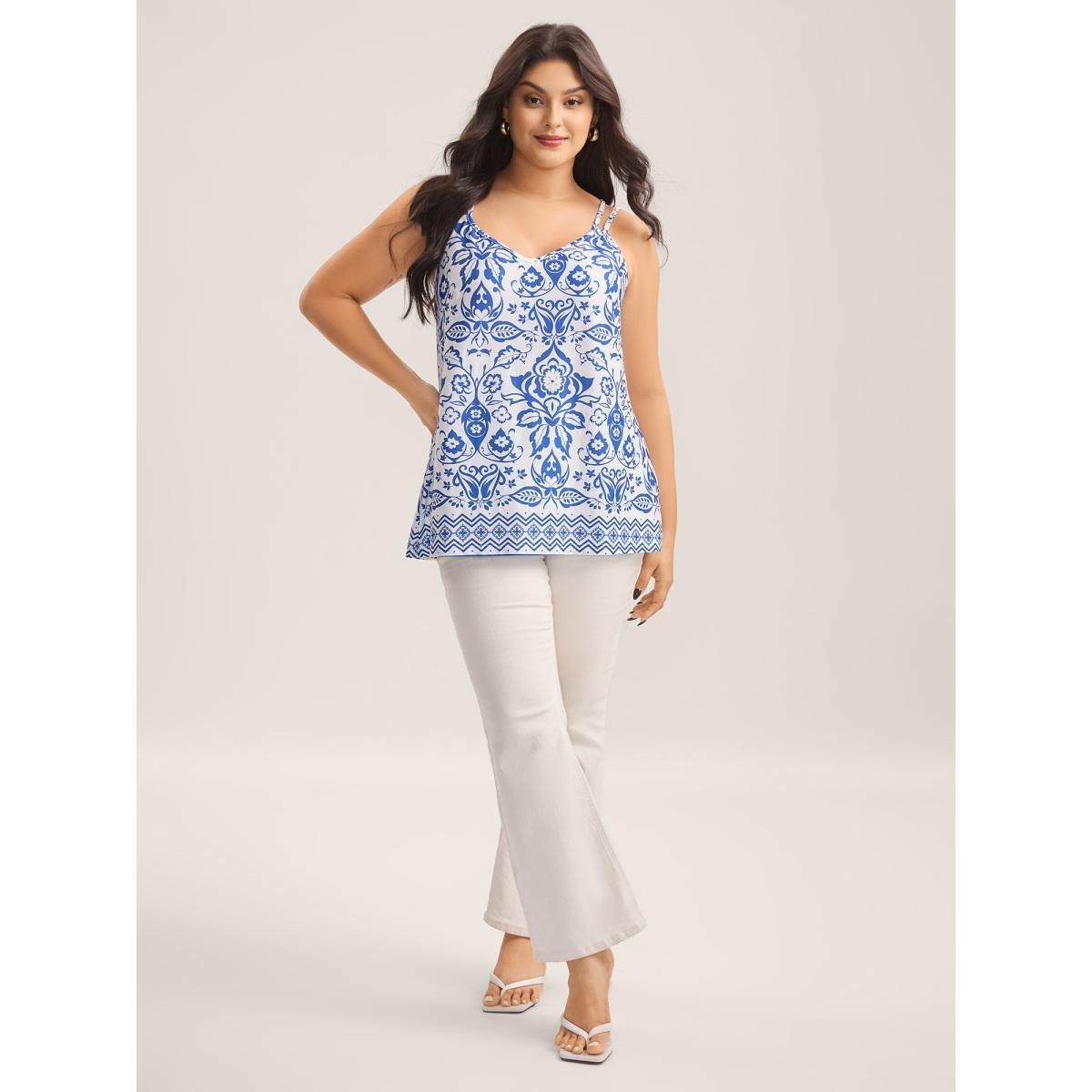 Plus Size Stretchy Floral Print Tank Top Women WhiteSmoke Contrast V-neck Everyday-Elegant Tank Tops Camis BloomChic 14-16/1X Product Image