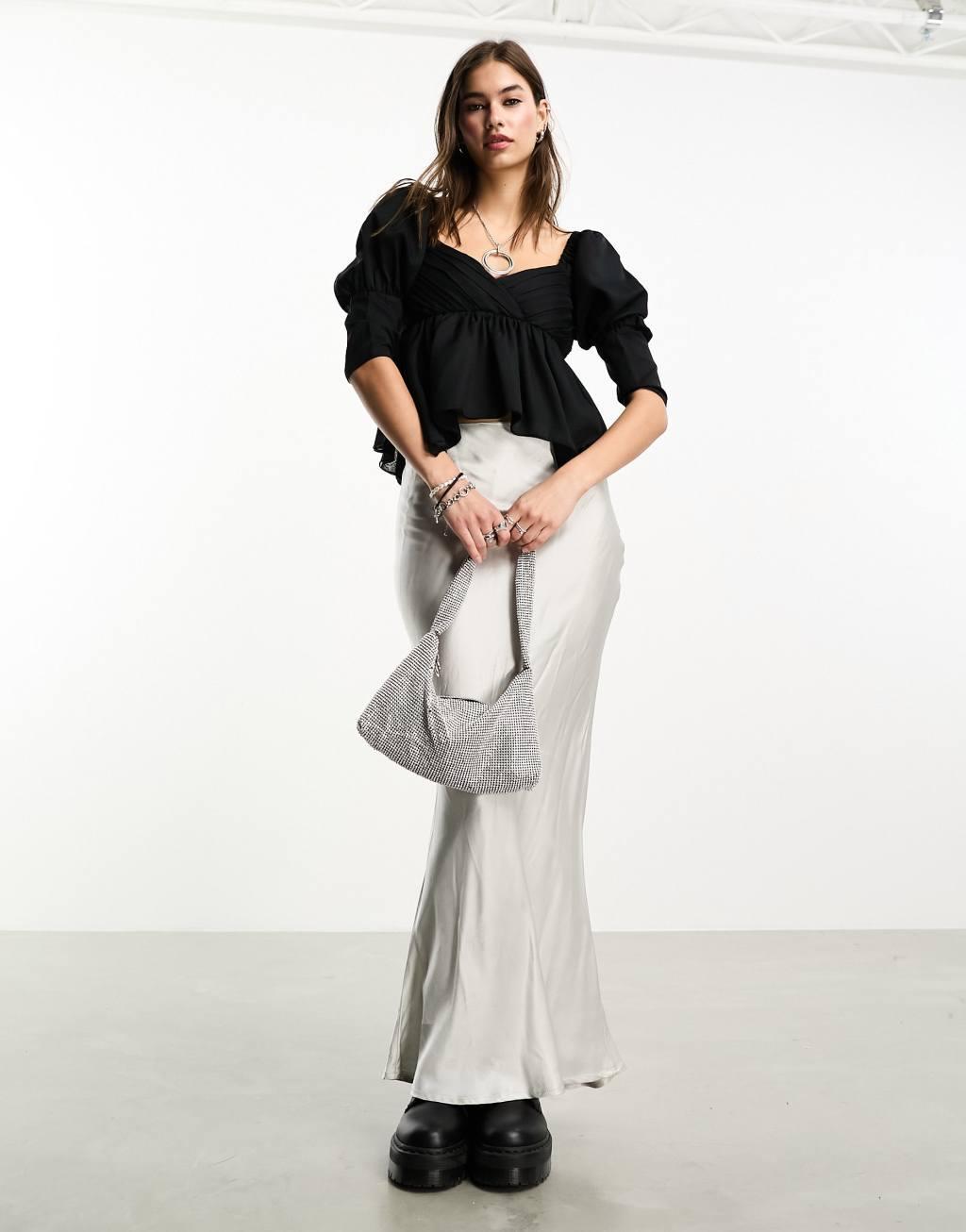 Reclaimed Vintage blouse with puff sleeve and asymmetric hem-Black Product Image