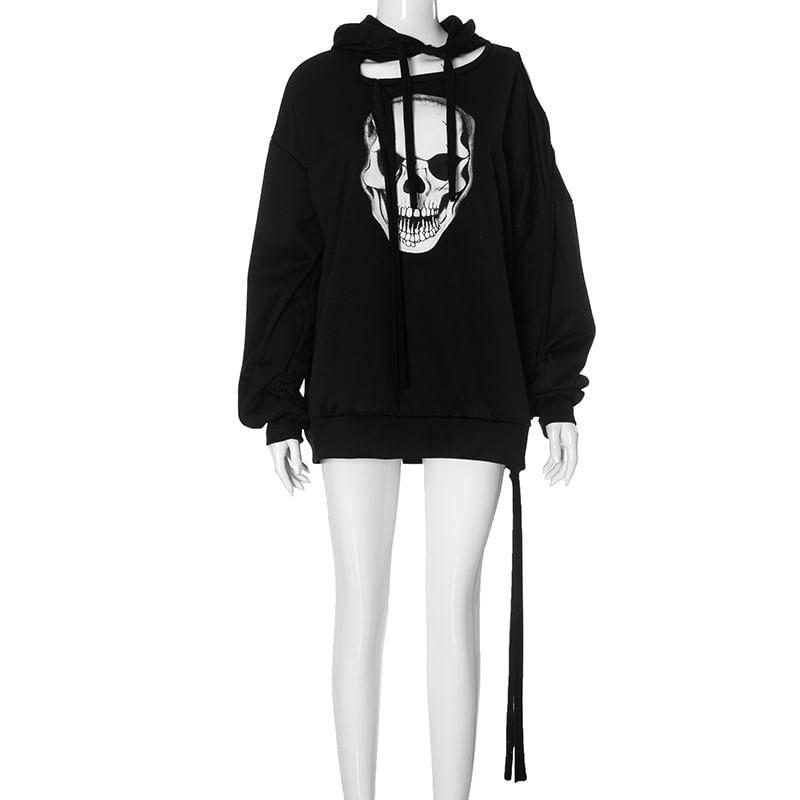 Asymmetrical Neck Cold Shoulder Skull Print Oversized Hoodie Product Image