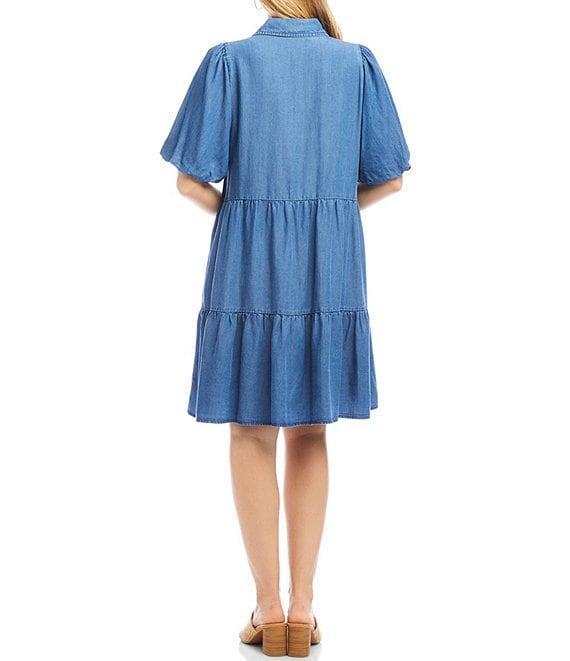 Karen Kane Chambray Point Collar Puff Sleeve Tiered Dress Product Image
