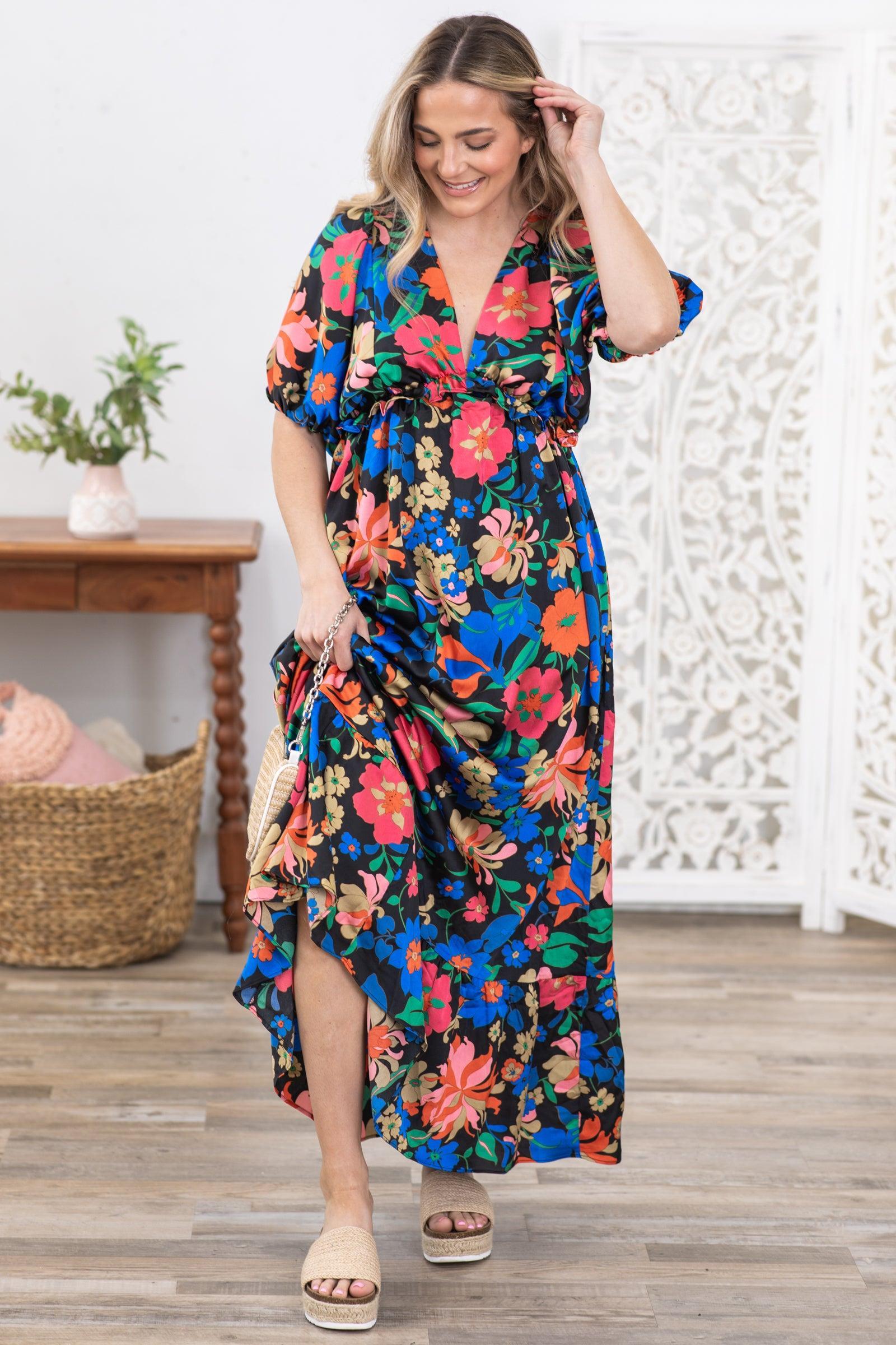 Black Floral Print V-Neck Maxi Dress Product Image
