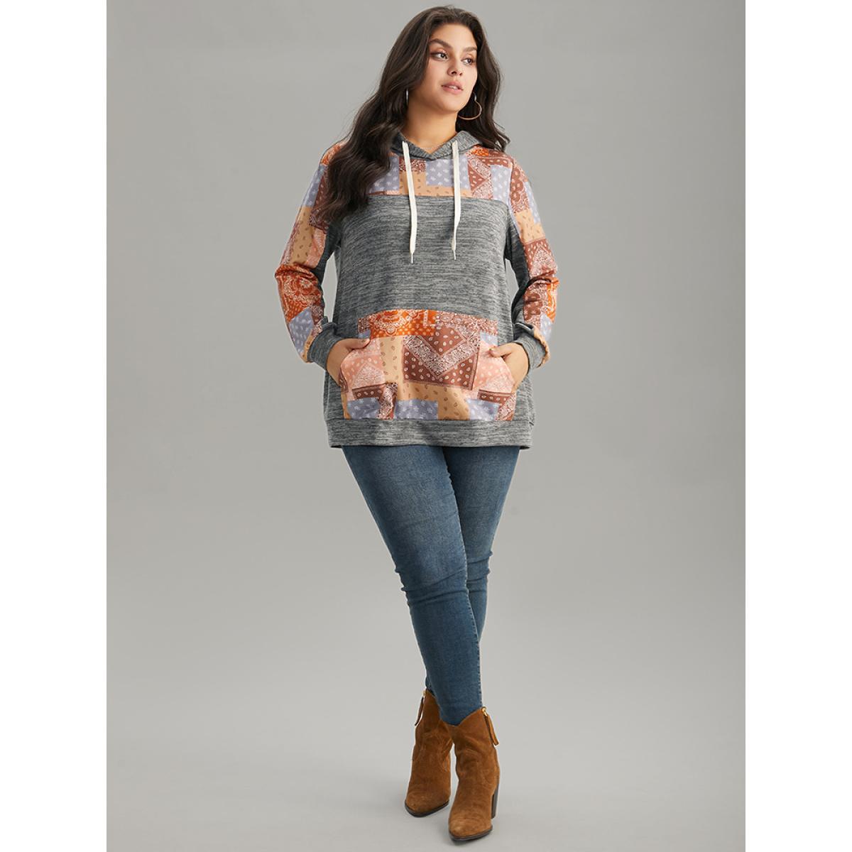 Plus Size Boho Print Contrast Heather Hooded Sweatshirt Women DimGray Casual Contrast Hooded Dailywear Sweatshirts BloomChic 14-16/1X Product Image