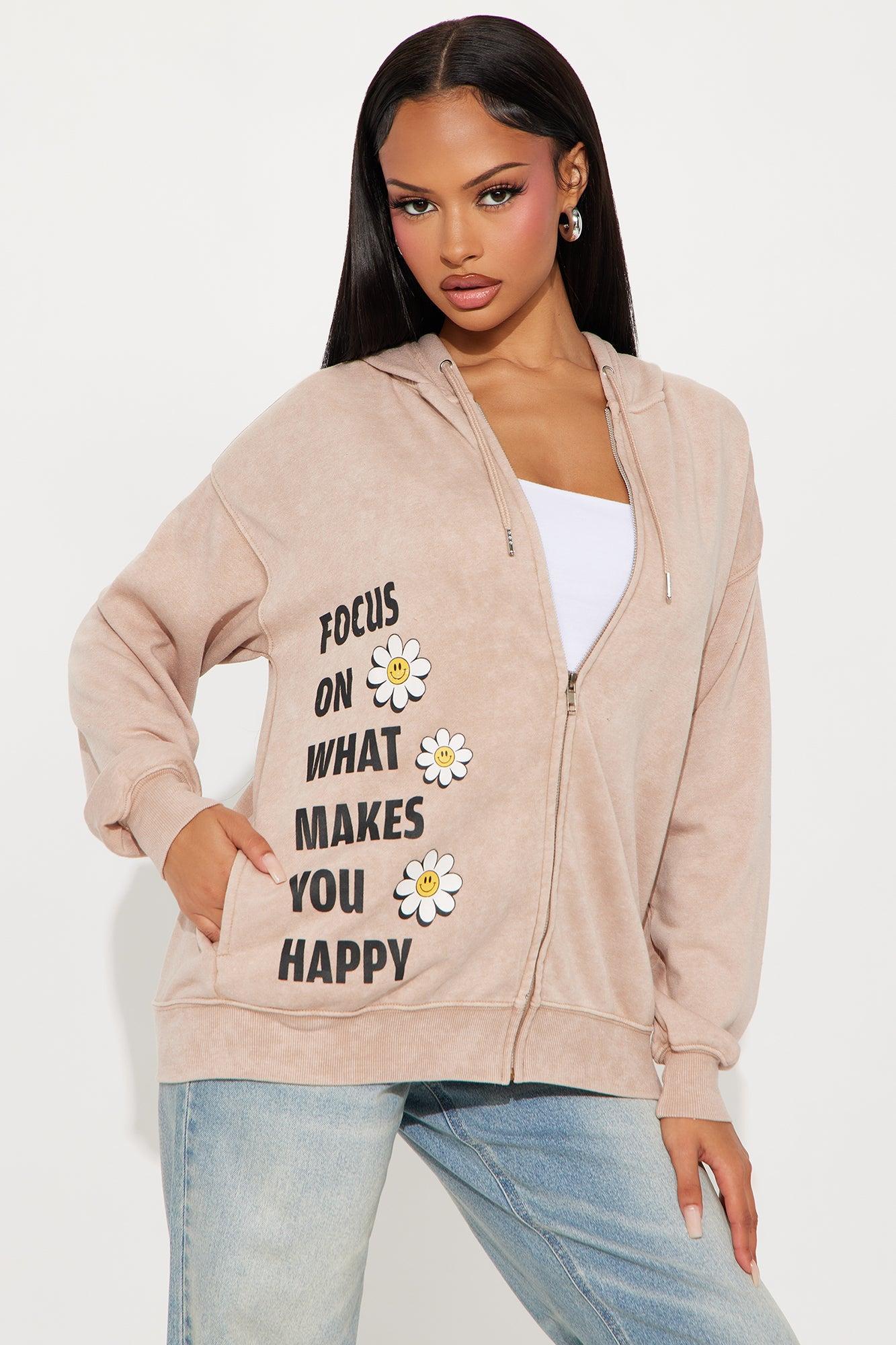 Focus On Happiness Zip Up Hoodie - Taupe Product Image
