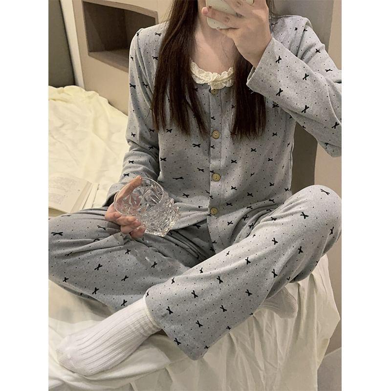 Pajama Set: Long-Sleeve Crew Neck Bow Print Frill Trim Padded Button-Up Top + Pants Product Image