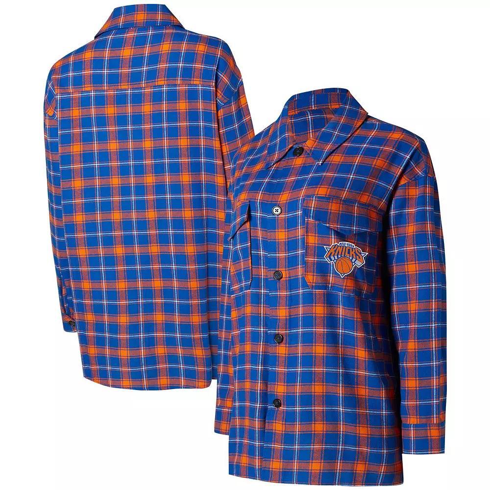 Women's College Concepts Blue/Orange New York Knicks Boyfriend Button-Up Nightshirt, Size: Small Product Image