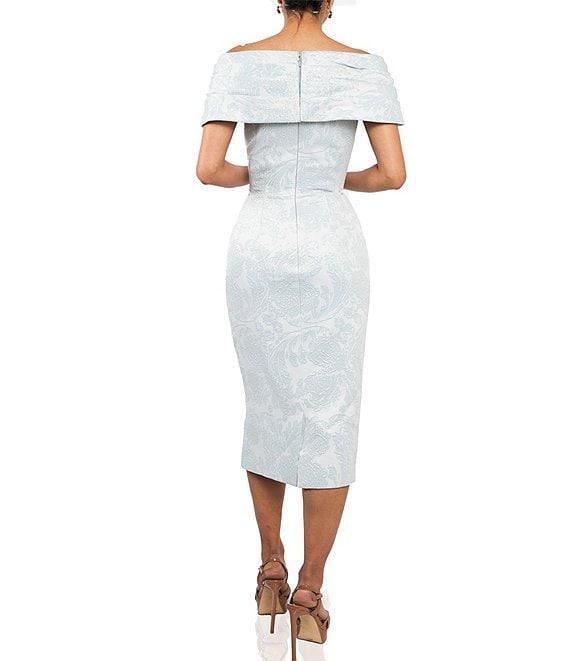 Terani Couture Off-the-Shoulder Brocade Sheath Midi Dress Product Image