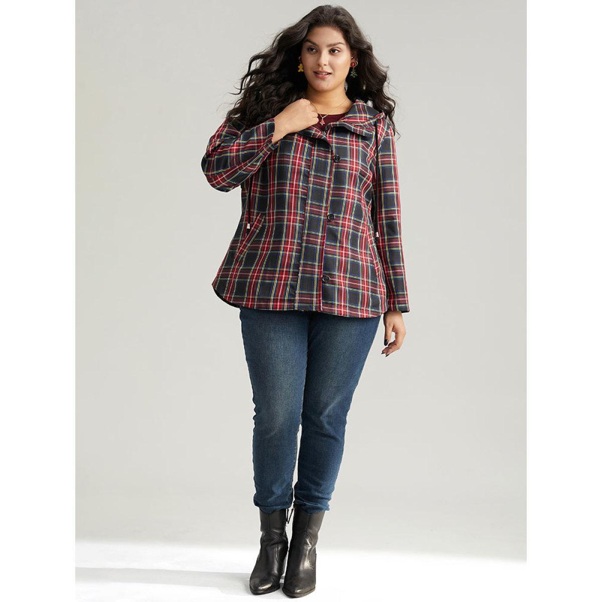 Plus Size Plaid Slant Pocket Hooded Coat Women Multicolor Casual Contrast Ladies Dailywear Winter Coats BloomChic 12/L Product Image