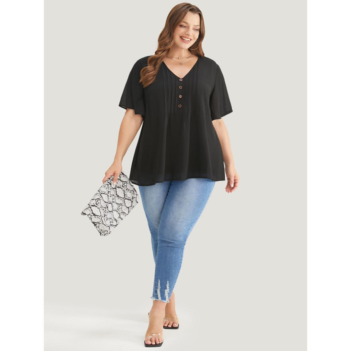 Plus Size Black Plain V Neck Mesh Ruffle Sleeve Button Detail Blouse Women Casual Short sleeve V-neck Work Blouses BloomChic 14-16/1X Product Image