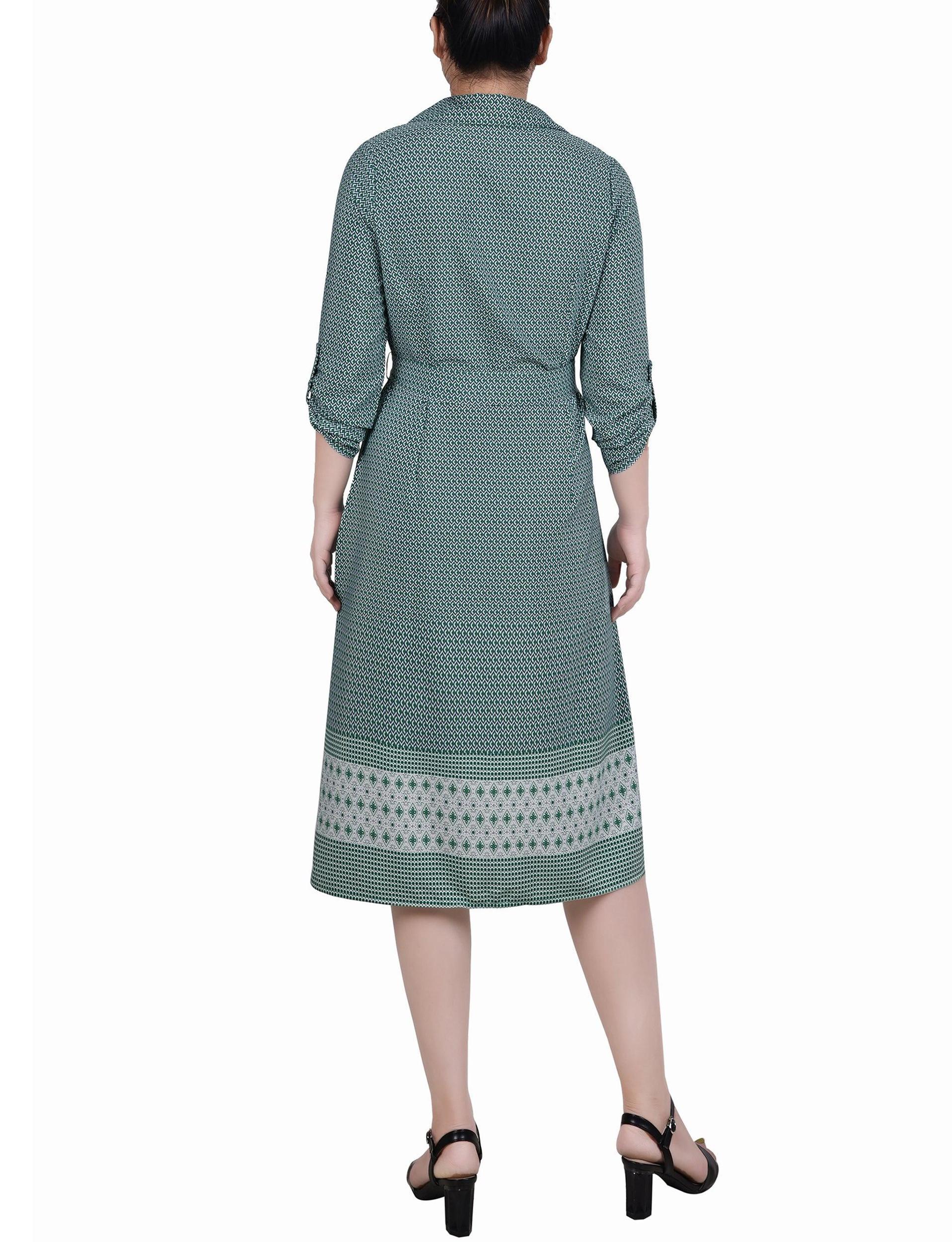 Cypress Inca Gold Navy Zigzag 3/4 Roll Tab Sleeve Belted Shirtdress - Petite Product Image