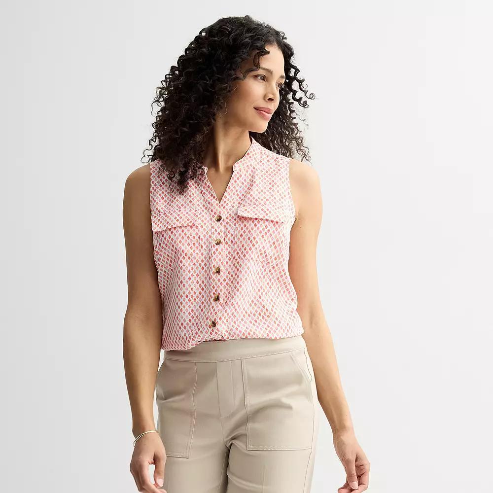 Women's Croft & Barrow® Y-Neck Tank Top, Size: XXL, White Pink Tiny Geo Product Image