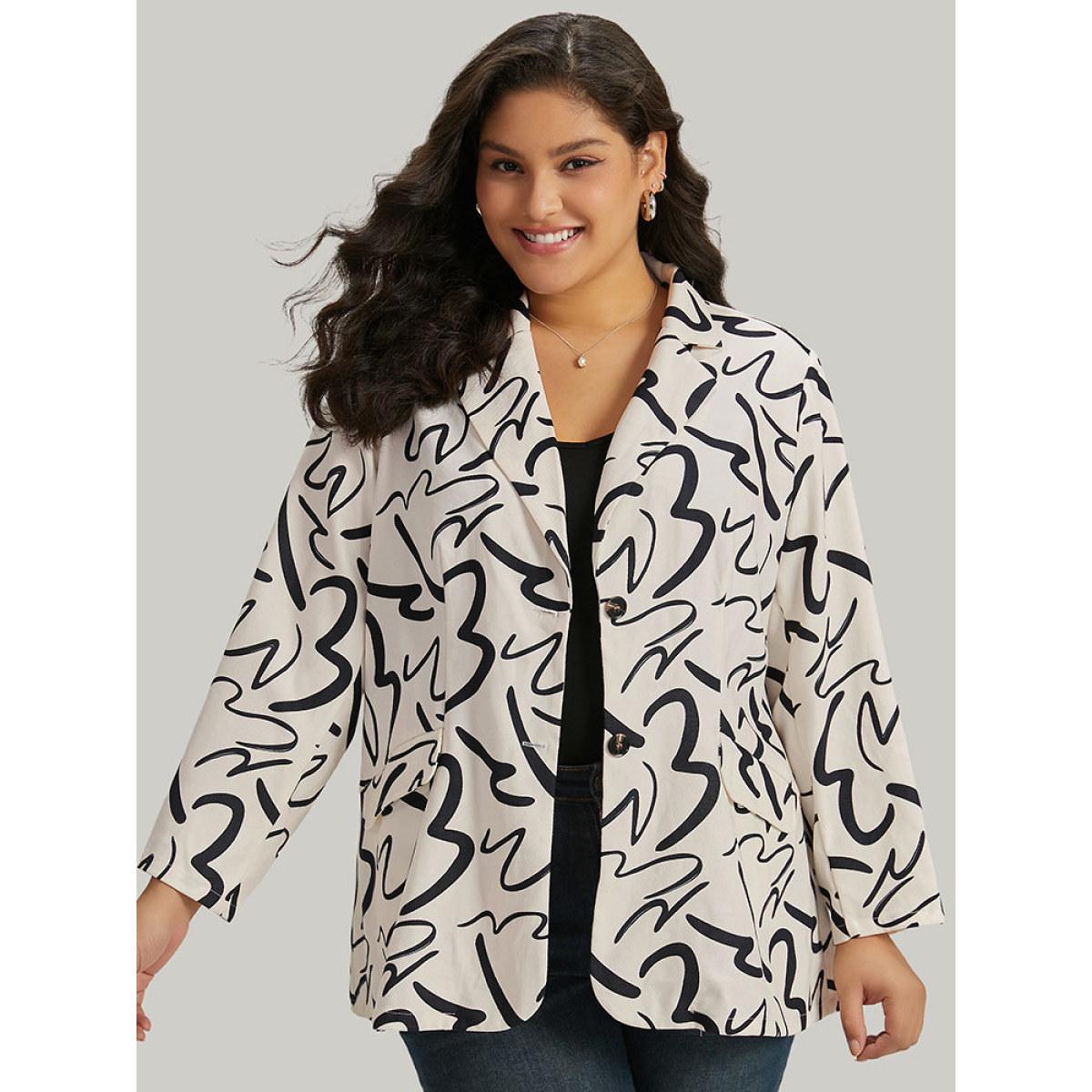 Plus Size Line Print Suit Collar Pocket Button Through Blazer Ivory Women Dailywear Geometric Button Sleeve Long Sleeve Suit Collar 12/L Pocket Office Blazers BloomChic Product Image