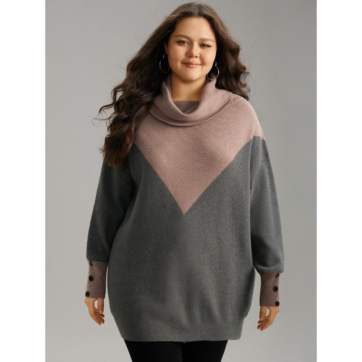 Plus Size Supersoft Essentials Turtleneck Contrast Button Detail Pullover DimGray Women Casual Loose Long Sleeve Turtleneck Dailywear Pullovers BloomChic 28/5X Product Image
