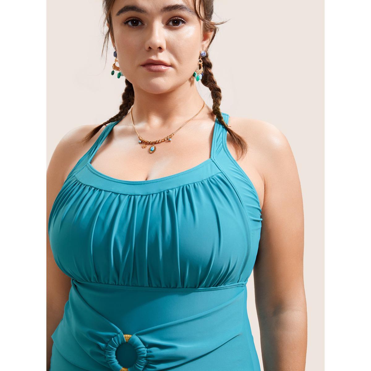 Plus Size Solid Buckle Detail Gathered One Piece Swimsuit Women's Swimwear Teal Beach Non Curve Bathing Suits High stretch One Pieces BloomChic 18-20/2X Product Image