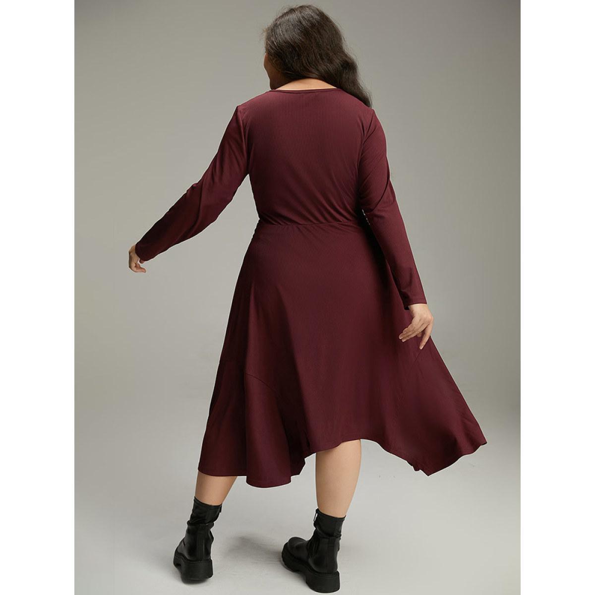 Plus Size Solid Rib Knit Crew Neck Twist Front Dress Burgundy Women Casual Plain Round Neck Long Sleeve Curvy Midi Dress BloomChic 18-20/2X Product Image