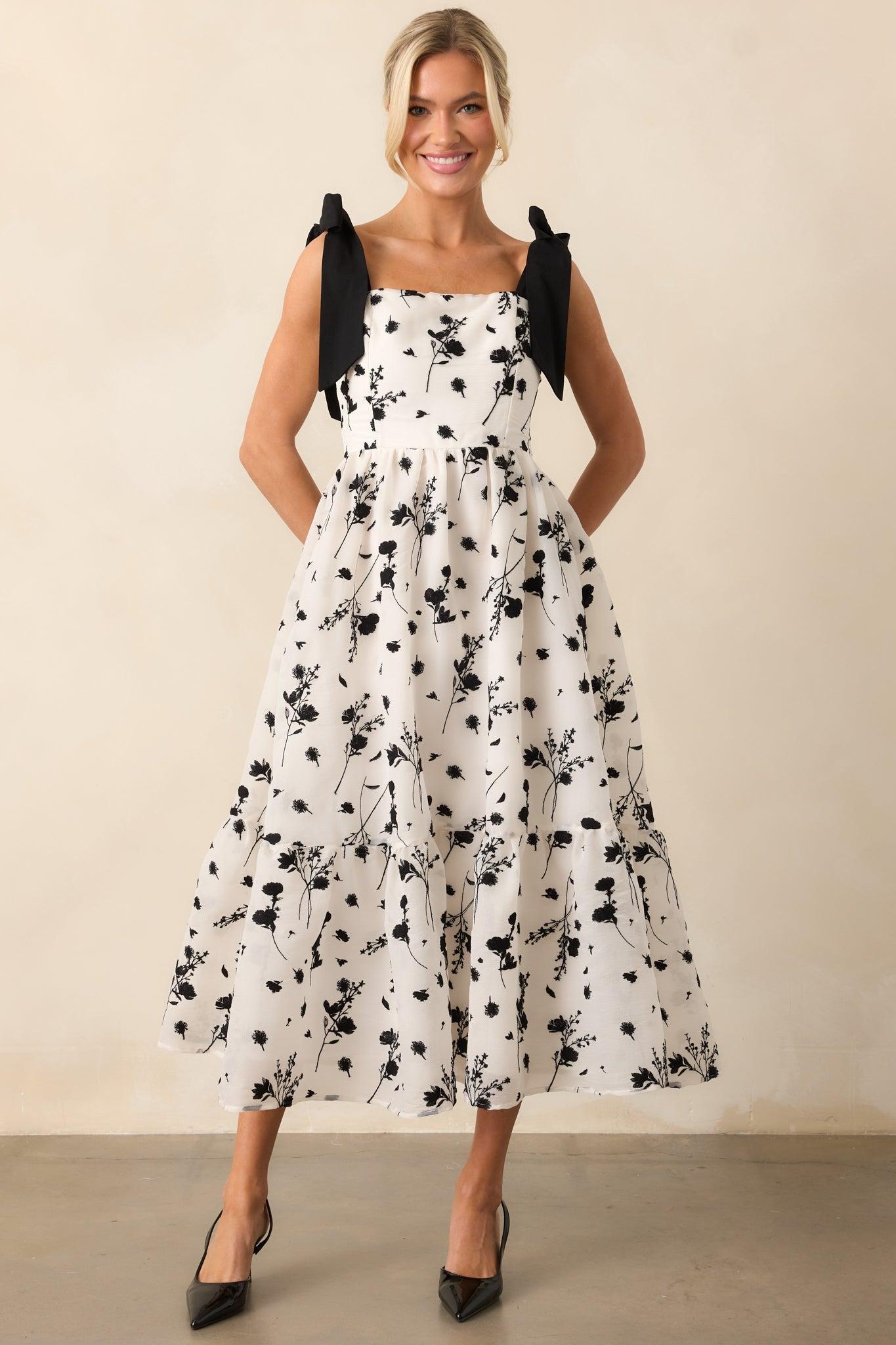 Right On Time Black Floral Embroidered Midi Dress Product Image