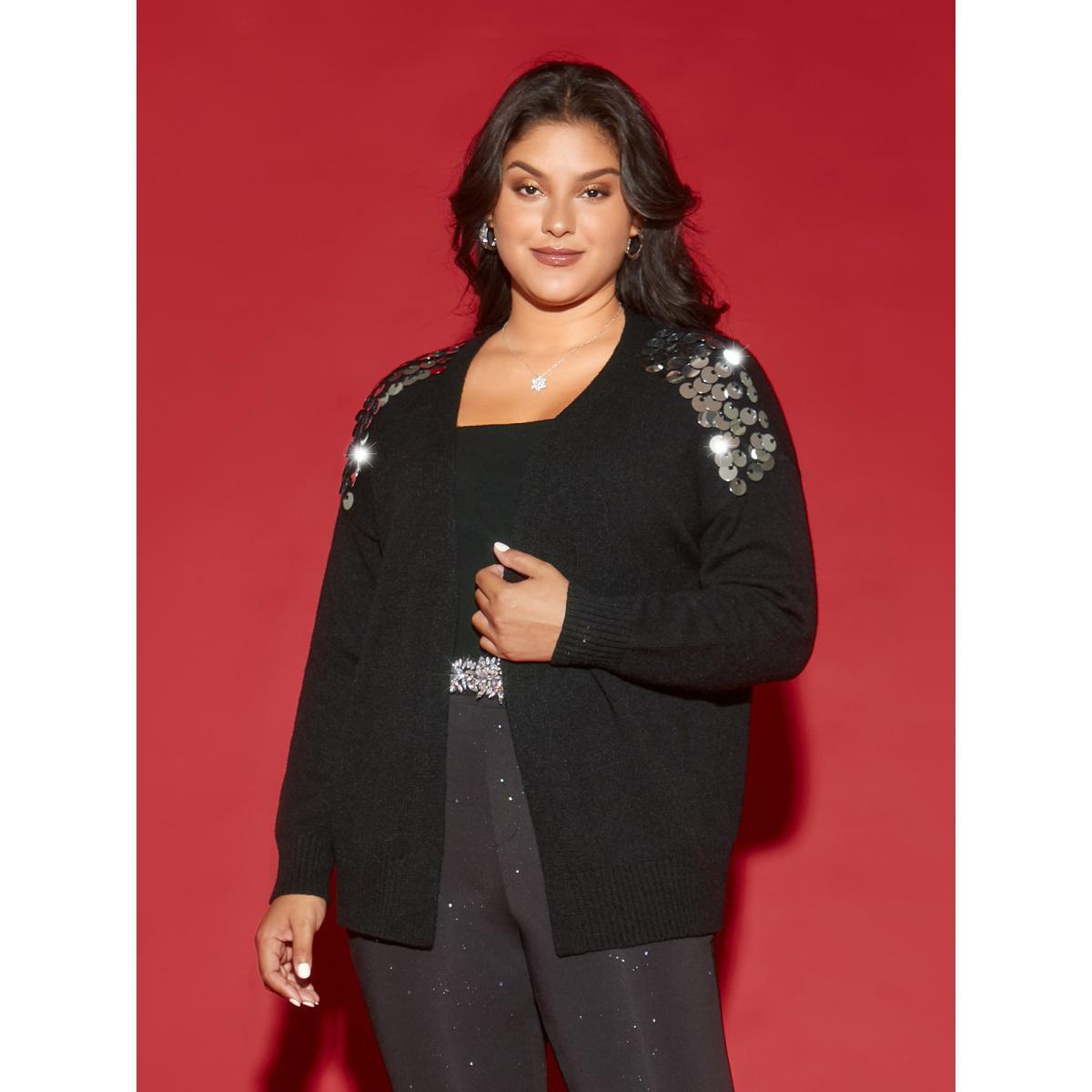 Plus Size Supersoft Essentials Silver Sequins Shoulder Open Cardigan Black Women Cocktail Loose Long Sleeve Party Cardigans BloomChic 12/L Product Image
