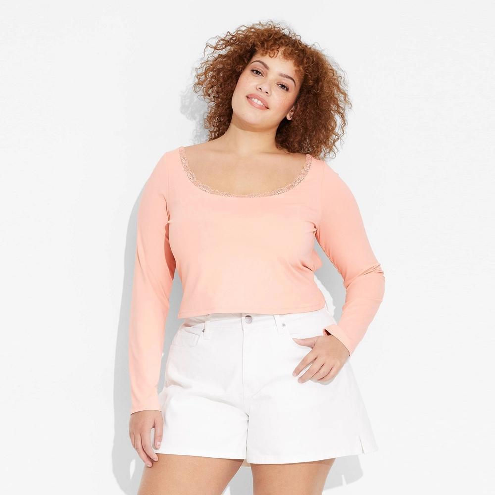 Womens Long Sleeve Lace Trim Open Back Top - Wild Fable Peach Orange Product Image