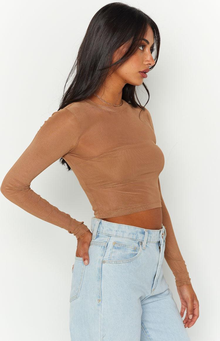 Evermore Beige Mesh Long Sleeve Top Product Image